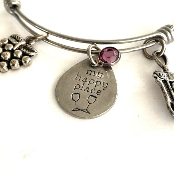 IA My Happy Place Grape Corkscrew Charm Wire Bangle Bracelet Silver Tone - Picture 2 of 6